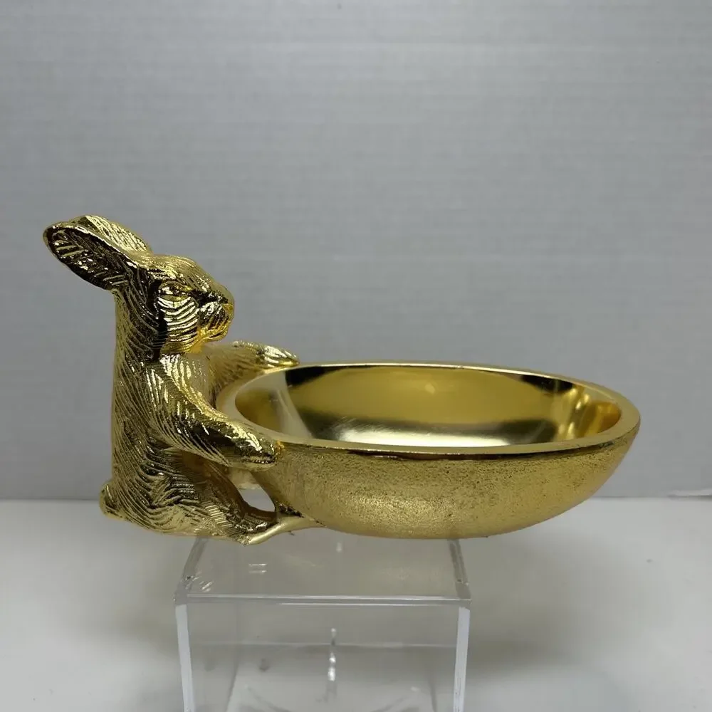 Goldtone Cast Metal Bunny Rabbit With Egg Shape Candy Trinket Dish Tray 6 X 4
